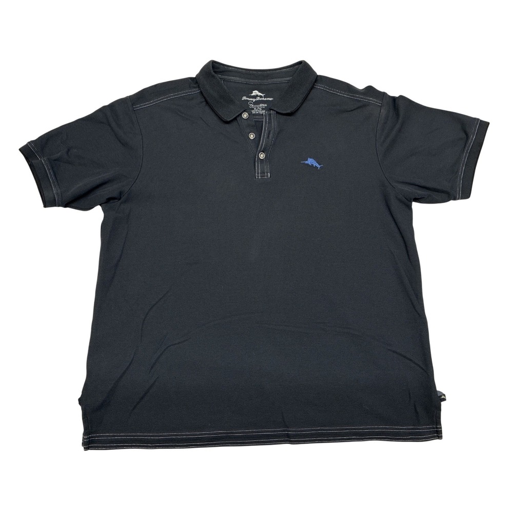 Tommy Bahama Mens XL Supima Cotton Polo Shirt Black Contrast Stitch Marlin Logo